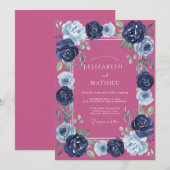 Magenta Navy Ranunculus Eucalyptus Bruiloft Kaart (Voorkant / Achterkant)