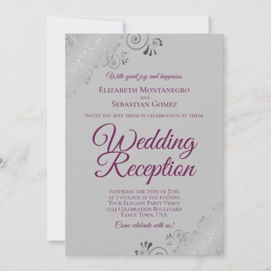 Magenta op grijze zilveren franjes bruiloftsrecept kaart (Voorkant)