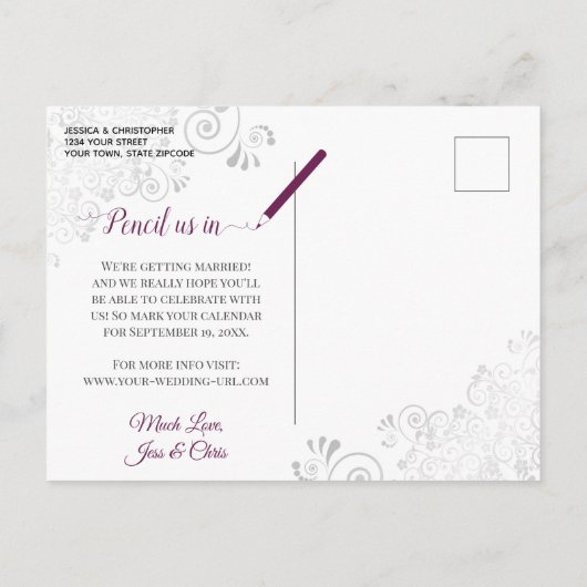 Magenta op White Lacy Silver Wedding Save the Date Aankondigingskaart (Achterkant)