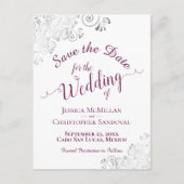 Magenta op White Lacy Silver Wedding Save the Date Aankondigingskaart (Voorkant)