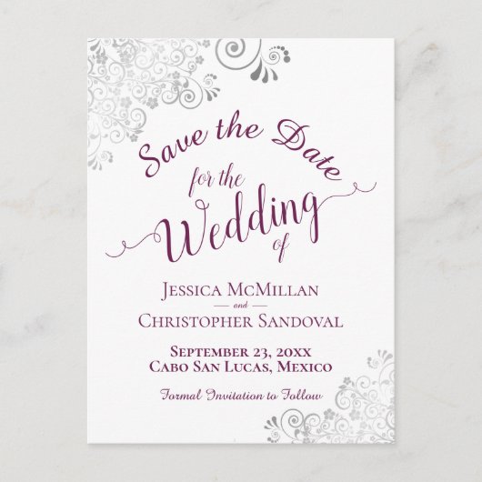 Magenta op White Lacy Silver Wedding Save the Date Aankondigingskaart (Voorkant)