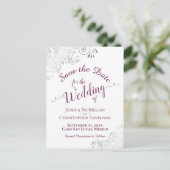 Magenta op White Lacy Silver Wedding Save the Date Aankondigingskaart (Staand voorkant)