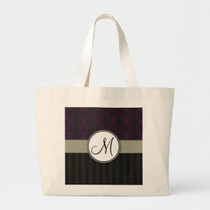 Magenta op Zwart Damast met Strepen en Monogram Grote Tote Bag