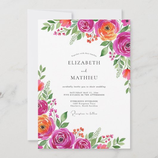 Magenta Orange Bloom Romance Wedding Kaart (Voorkant)