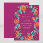 Magenta Oranje Geschilderde Bruiloft Kaart (Voorkant / Achterkant)