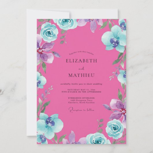 Magenta Orchidee Aqua Bruiloft Kaart (Voorkant)