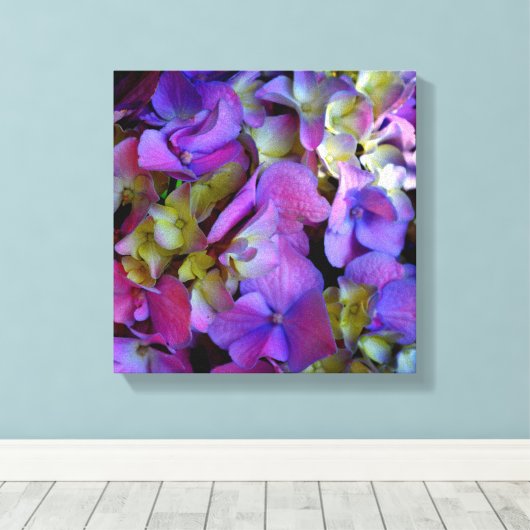 Magenta Paars blauw Hydrangeenbloemen Canvas Afdruk (Insitu (Houten vloer))
