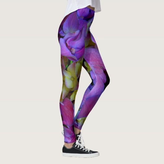 Magenta Paars blauw Hydrangeenbloemen Leggings (Rechts)