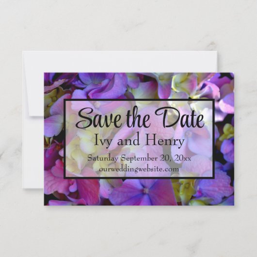 Magenta Paars blauw Hydrangeenbloemen Save The Date (Voorkant)