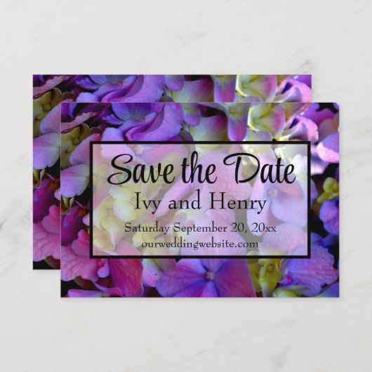 Magenta Paars blauw Hydrangeenbloemen Save The Date (Voorkant / Achterkant)