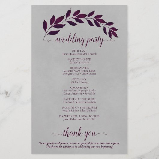 Magenta Paarse bladeren budget bruiloft programma (Achterkant)