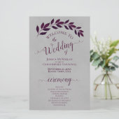 Magenta Paarse bladeren budget bruiloft programma (Staand voorkant)