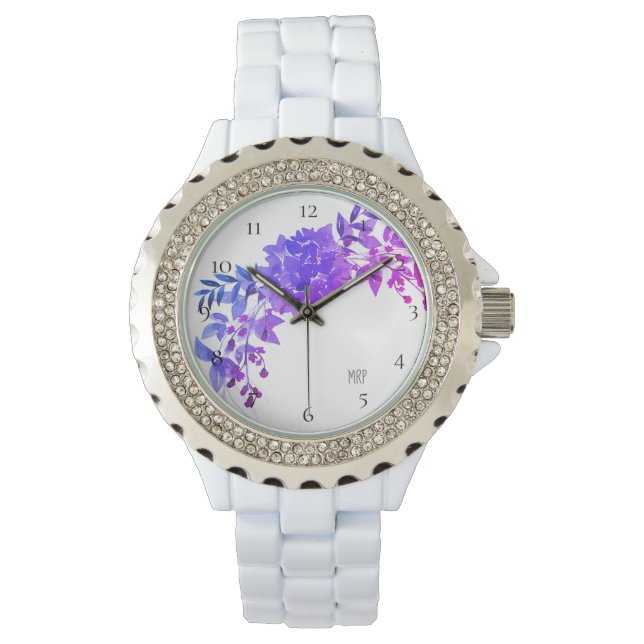 *~* Magenta Paarse Blauwe Hortensia Bloemen Horloge (Voorkant)