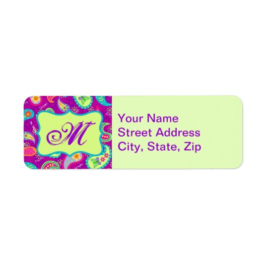 Magenta Paarse Green Modern Paisley Monogram Etiket (Voorkant)