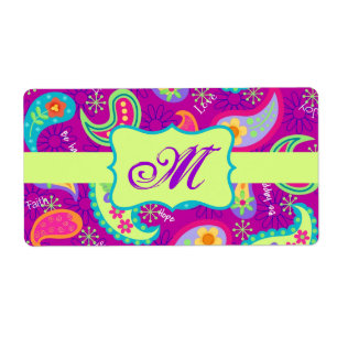 Magenta Paarse Green Modern Paisley Monogram Etiket