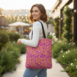 Magenta Paarse Groovy bloempatroon Tote Bag