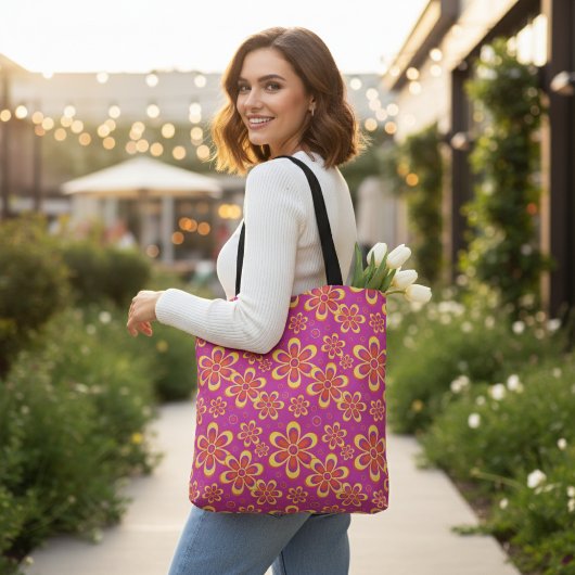 Magenta Paarse Groovy bloempatroon Tote Bag