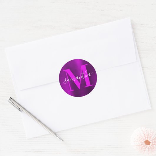 Magenta Paarse Modern Signature Monogram Folie Ronde Sticker (Envelop)