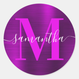 Magenta Paarse Moderne Handtekening Monogram Folie Ronde Sticker