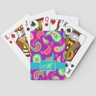 Magenta Paarse Turquoise Modern Paisley Monogram Pokerkaarten