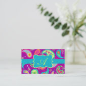 Magenta Paarse Turquoise Modern Paisley Monogram Visitekaartje (Staand voorkant)