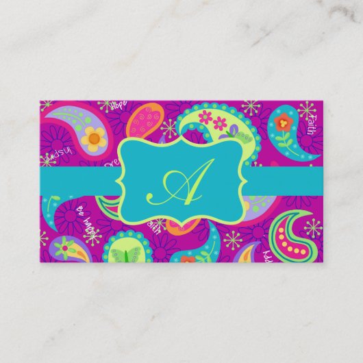 Magenta Paarse Turquoise Modern Paisley Monogram Visitekaartje (Voorkant)