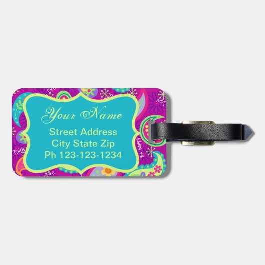 Magenta Paarse Turquoise Modern Paisley Pattern Bagagelabel (Achterkant horizontaal)