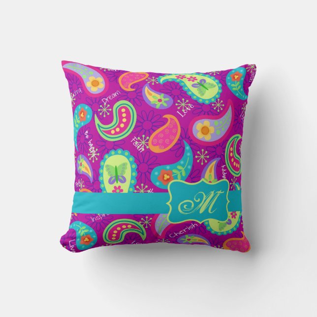 Magenta Paarse Turquoise Modern Paisley Pattern Kussen (Voorkant)