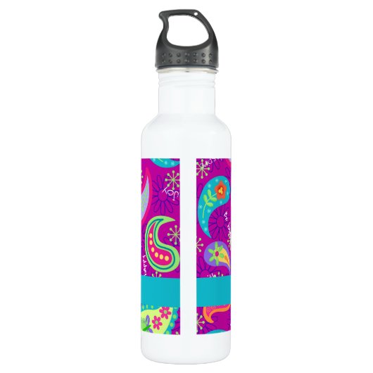 Magenta Paarse Turquoise Modern Paisley Pattern Waterfles (Achterkant)