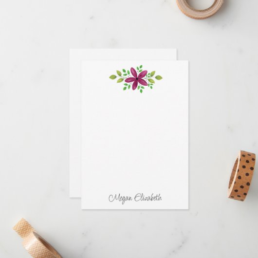 Magenta Paarse Waterverf Bloemen Swag Notitiekaartje (Voorkant / Achterkant in situ)