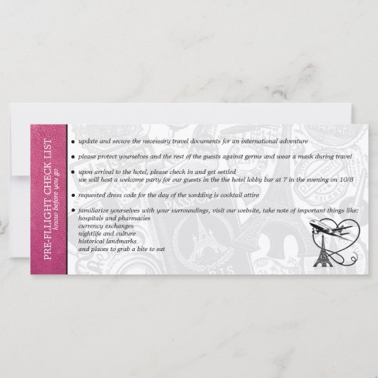 Magenta Paris Bruiloft Boarding Pass Uitnodiging (Achterkant)