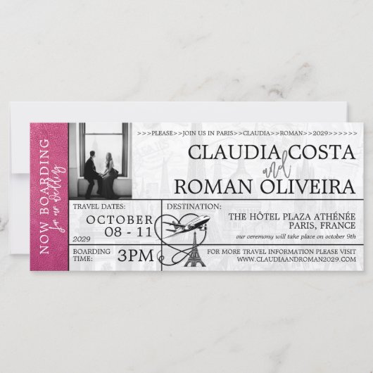 Magenta Paris Bruiloft Boarding Pass Uitnodiging (Voorkant)