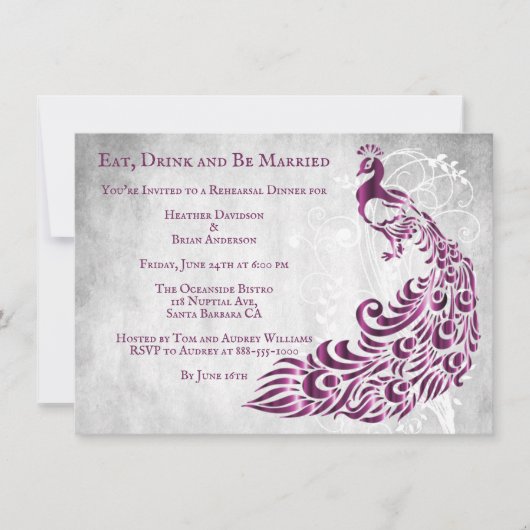 Magenta Peacock Leaf Vine Rehearsal Dinner Invite Kaart (Voorkant)