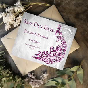 Magenta Peacock Leaf Vine Save the Date Aankondiging