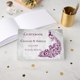 Magenta Peacock Leaf Vine Wedding Guestbook Gastenboek