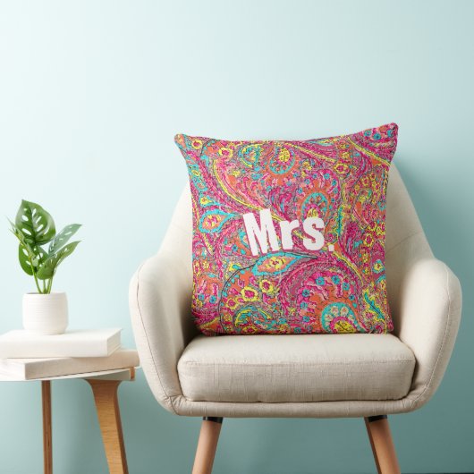 Magenta Peacock Paisley Coral Yellow Brides Kussen (Stoel)
