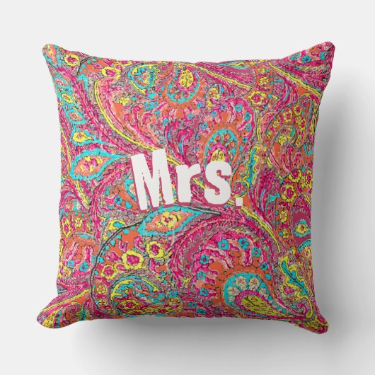 Magenta Peacock Paisley Coral Yellow Brides Kussen (Voorkant)
