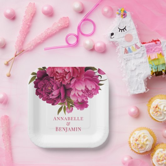 Magenta Peony Floral Wedding Papieren Bordje (Feest)