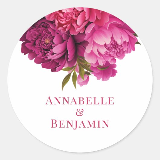 Magenta Peony Floral Wedding Ronde Sticker (Voorkant)
