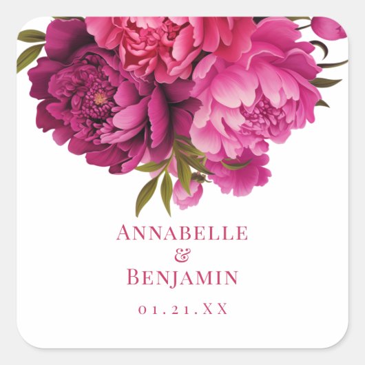 Magenta Peony Floral Wedding Vierkante Sticker (Voorkant)