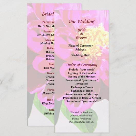 Magenta Peony in Sunshine Wedding Program Programmakaart (Voorkant / Achterkant)