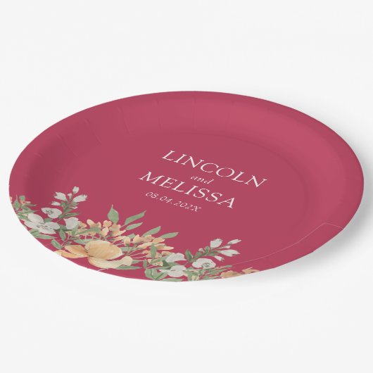 Magenta, Perzik en Witte Floral Wedding Papieren Bordje (Gekanteld)