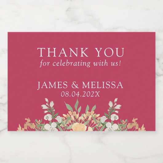 Magenta, Perzik en Witte Floral Wedding Sparkling Wijnetiket (Enkel label)