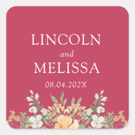 Magenta, Perzik en Witte Floral Wedding Vierkante Sticker
