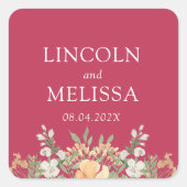 Magenta, Perzik en Witte Floral Wedding Vierkante Sticker (Voorkant)