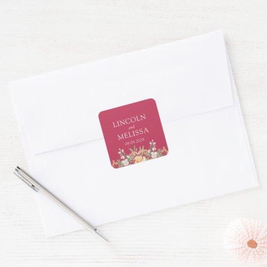 Magenta, Perzik en Witte Floral Wedding Vierkante Sticker (Envelop)