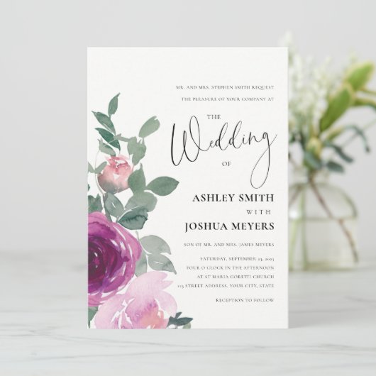 Magenta Pink Blush Floral Roses Ivory Wedding Kaart (Staand voorkant)