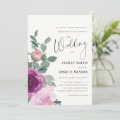 Magenta Pink Blush Pink Floral Roses Ivory Wedding Kaart (Staand voorkant)