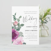 Magenta Pink Blush Pink Floral Roses Wedding Kaart (Staand voorkant)