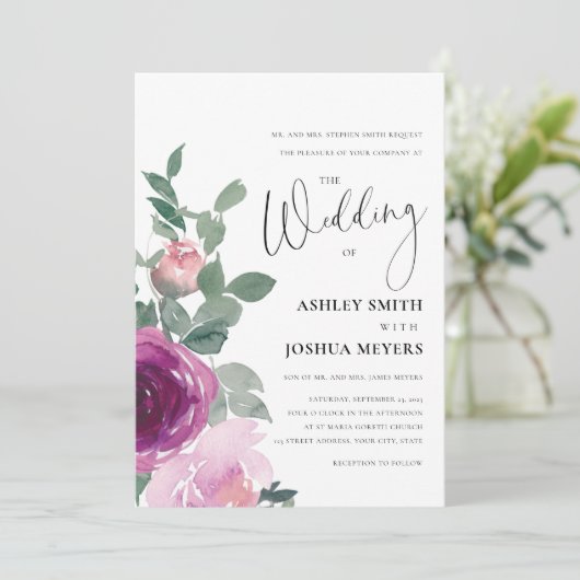 Magenta Pink Blush Pink Floral Roses Wedding Kaart (Staand voorkant)